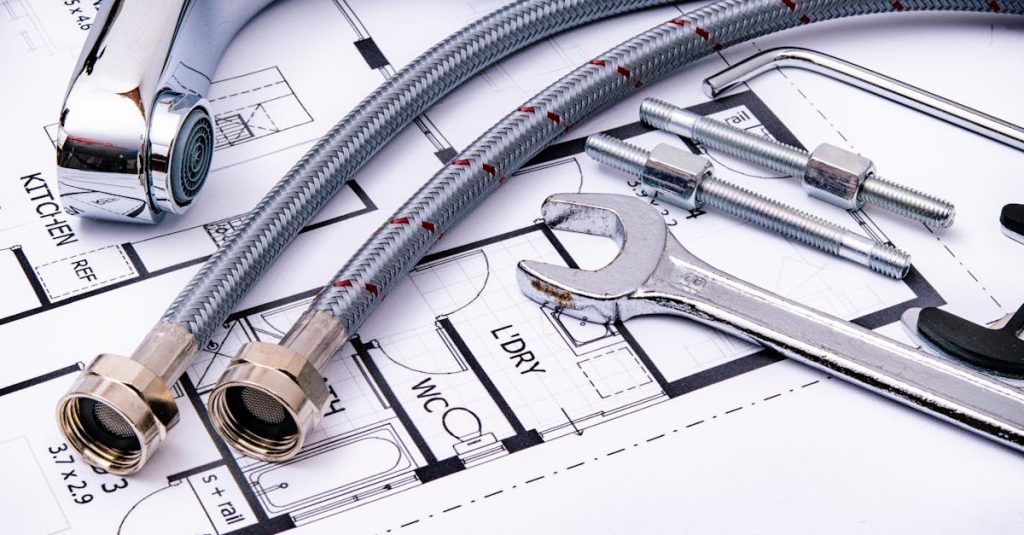 close up of plumbing tools and faucet on top of an architectural blueprint perfect for hardware and