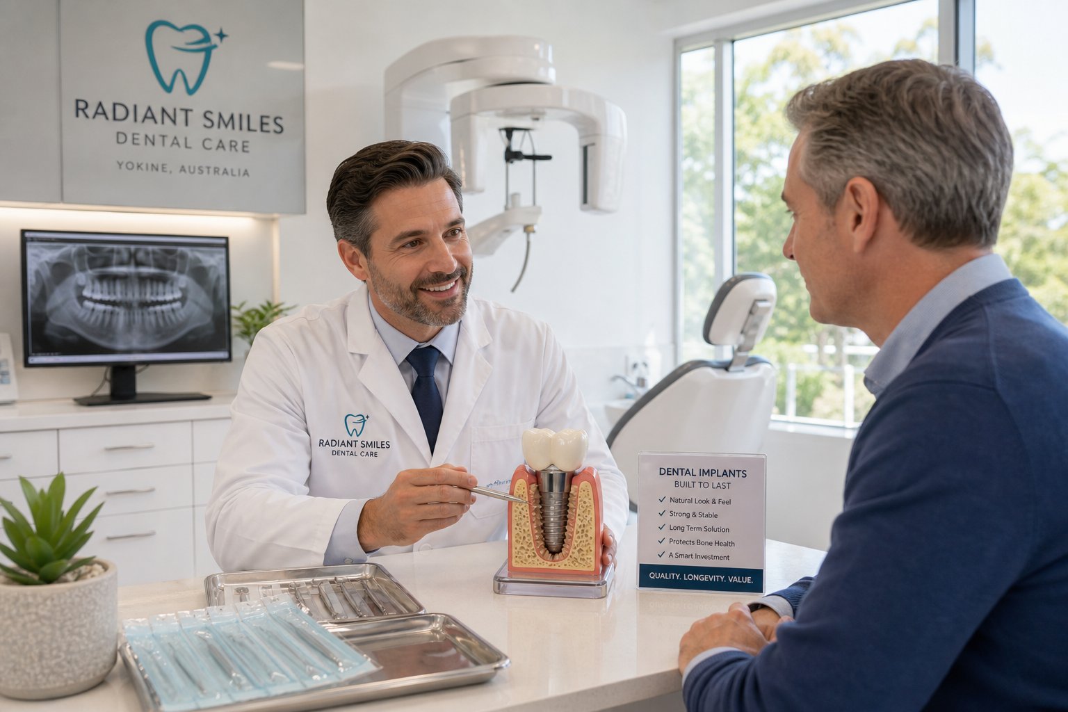 dentist consulting patient in modern australian dental clinic with implant model